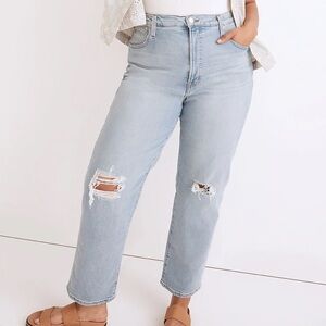 Madewell perfect vintage straight jeans knee rip Danby wash
